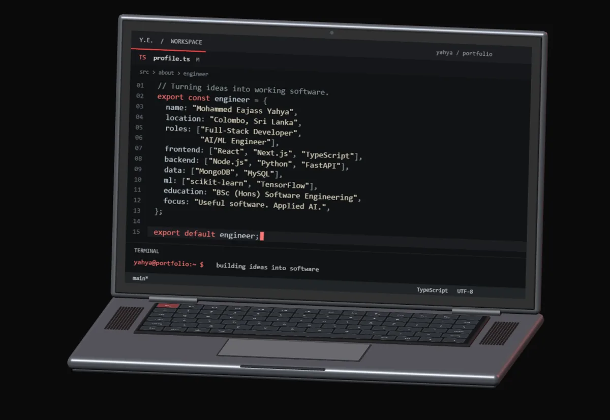 Laptop displaying Yahya's full-stack and AI/ML engineering profile